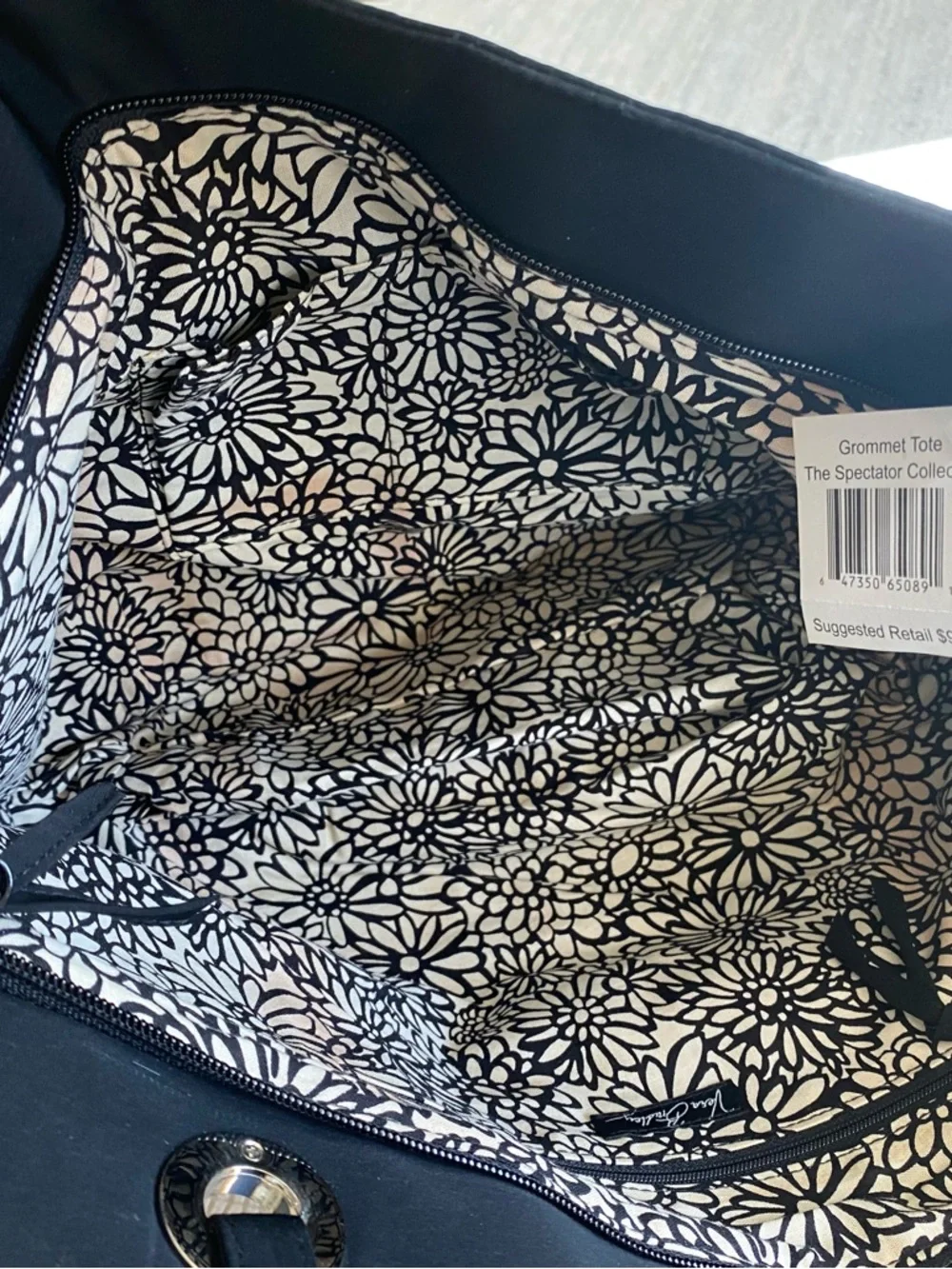 Vera Bradley Black Quilted-Trim Tote with Silver Charm